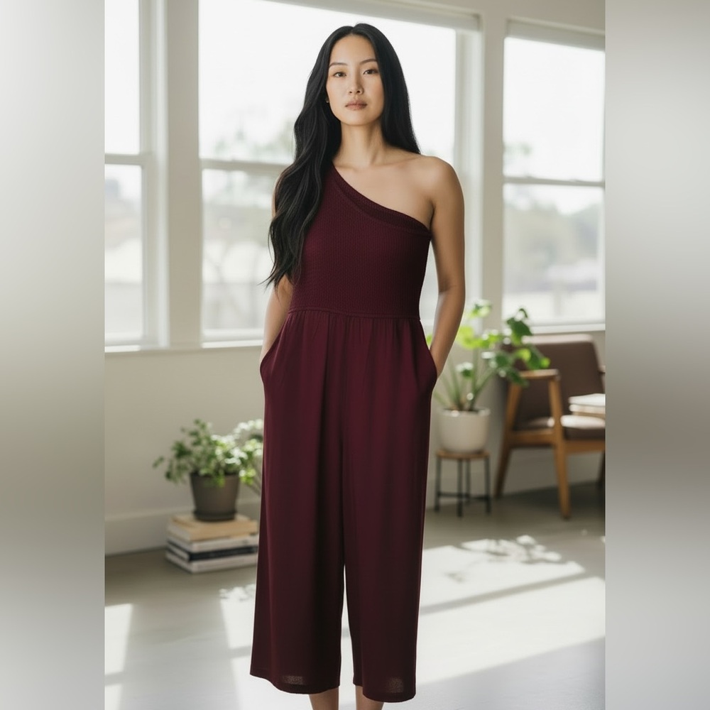 Chic One-Shoulder Burgundy Jumpsuit